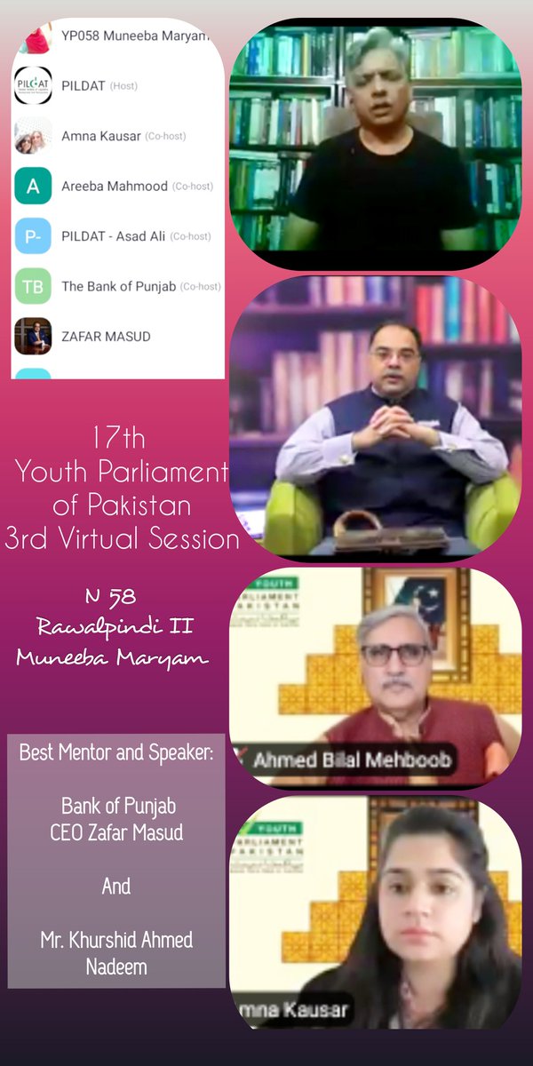 MuneebaRajput's tweet photo. 17th Youth Parliament of Pakistan
Informative and interesting Session with best mentor.  Thank you to # Master Mentor Sir @zafar_masud for giving us your precious time and guiding.
 @AmnaKausarM @ABMPildat @zafar_masud @thebankofpunjab @khurshidahmednadeem @Pildat @YouthParlPak https://t.co/cEzw98nV7r