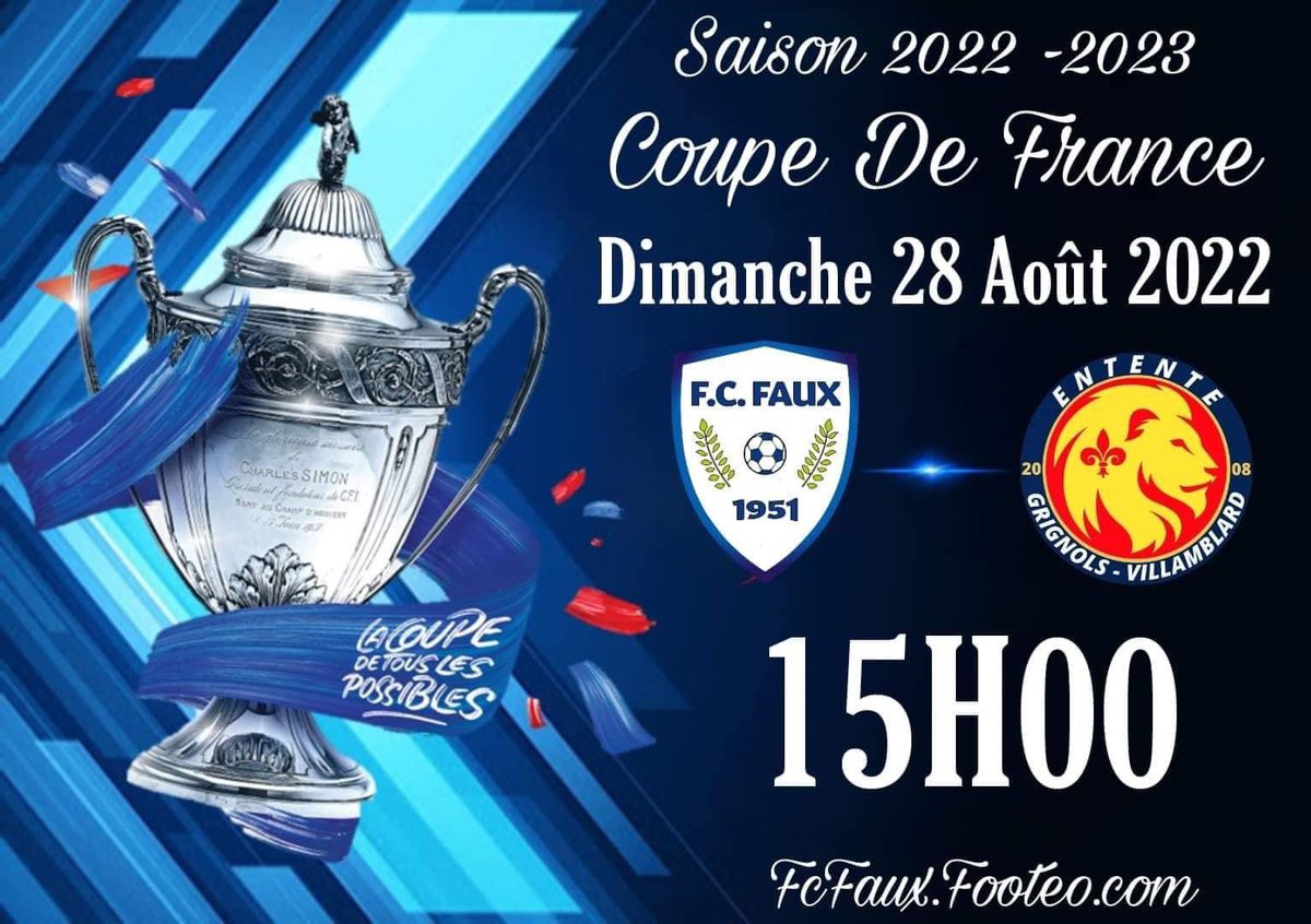 FauxFc's tweet photo. 🚨Coupe de France🚨

Ce Dimanche 28 Août, le FC.Faux accueil @EGVofficiel pour le premier tour de coupe de France. 
Venez nombreux supporter votre équipe fanion à 15h00 à Faux 🔵⚪️⚽️
#fcfaux https://t.co/pONqGLbPO1