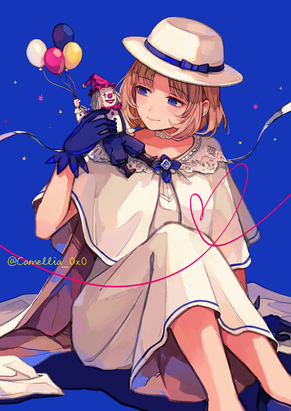 hat 1girl dress blue eyes blue background gloves white dress  illustration images