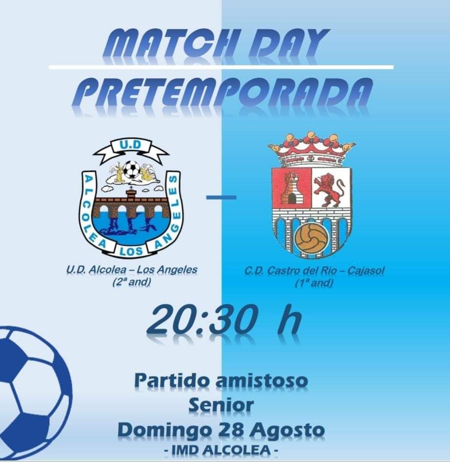 📣 Hoy jugamos nuestro cuarto partido de la pretemporada, nos desplazamos a Alcolea.

Nos enfrentamos a la U.D UD Alcolea Los Angeles 
 
🆚 U.D Alcolea Los Ángeles
🕗 20.30 Horas.
🏟 IMD Alcolea
🛣 Alcolea