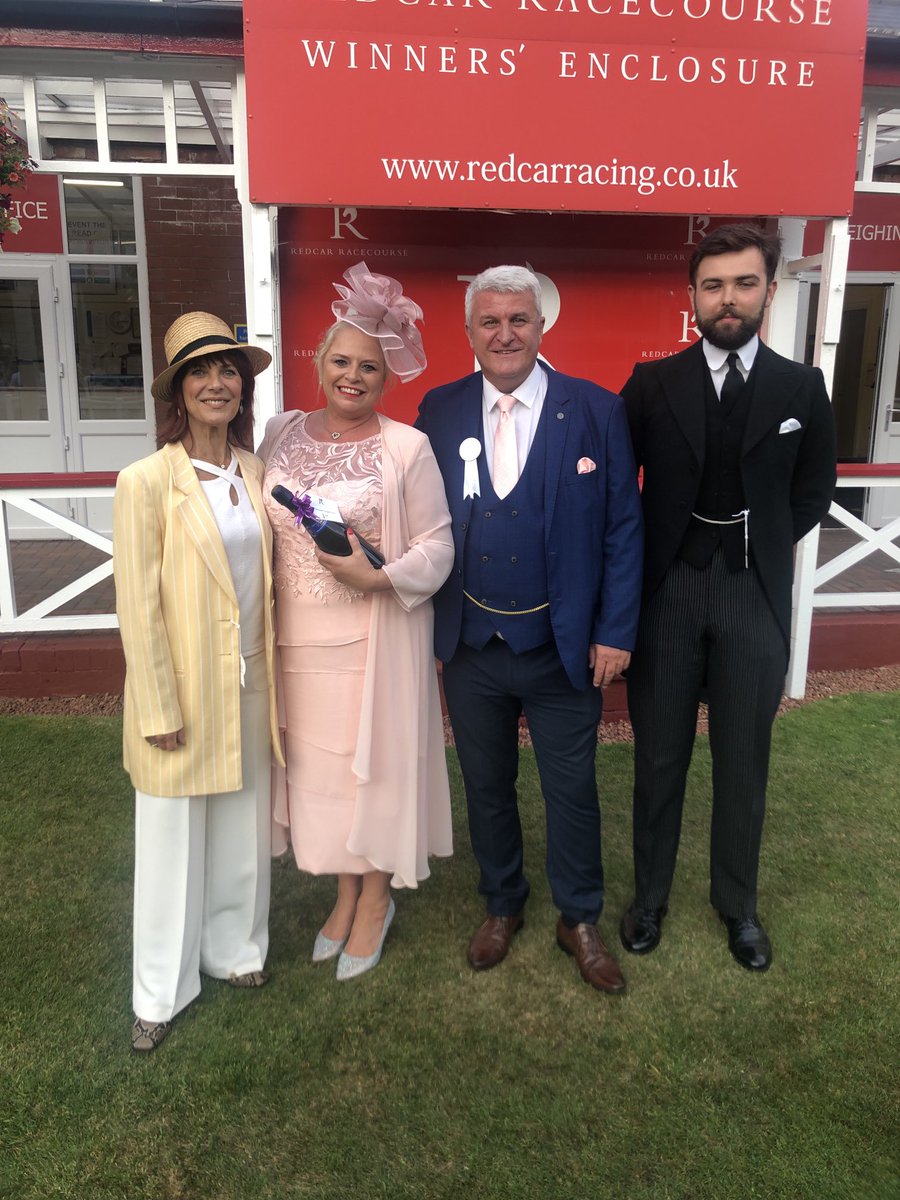 PamRoyleTV's tweet photo. Lining up with the winners of #bestdressedcouple @Redcarracing Congratulations Angela Champion and Les Shepherd from Redcar! An excellent day with @PeteBarronMedia #TomPower @BakersTailor @xjademegan https://t.co/OIz5EHxCJw