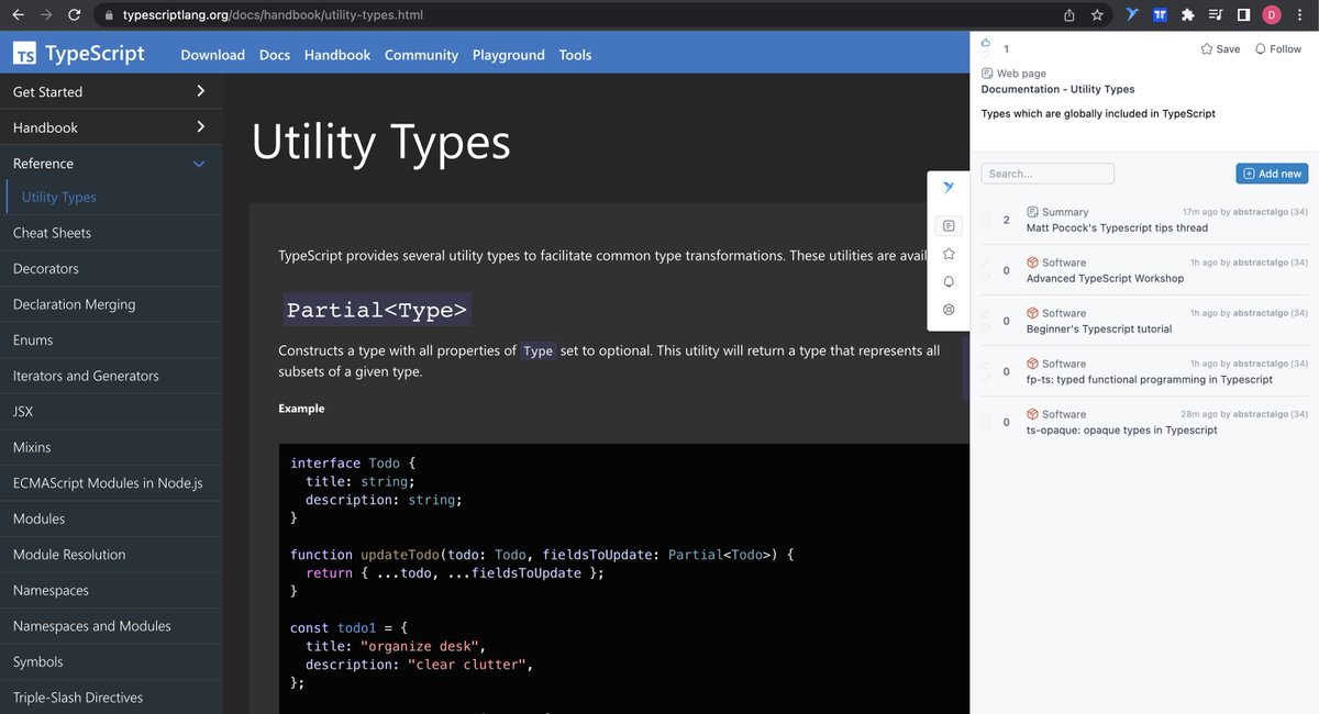 abstractalgo's tweet photo. Finally being able to link @mattpocockuk's amazing Typescript tips to the actual Typescript's "Utility Types" page with @UnfoldResearch, for anyone to find them right on the page and get immediate help. This is the kind of content I would love to have had early on with TS! 🙌 https://t.co/wTl8t7T2Ad