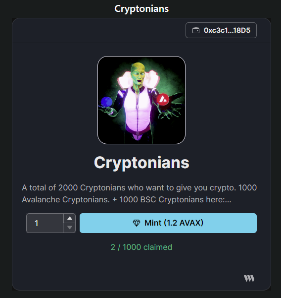 The collection Cryptonians is not yet published on enter.market and has already two mints from goreillaz.io website. That's awesome 🔥🔥🔥

#Crypto #Metaverse #blockchain #NFT #GameFi   #altcoin #Avalanche #Cryptocurrency #Avax #NFTCommunity #NFTs #NFTartist