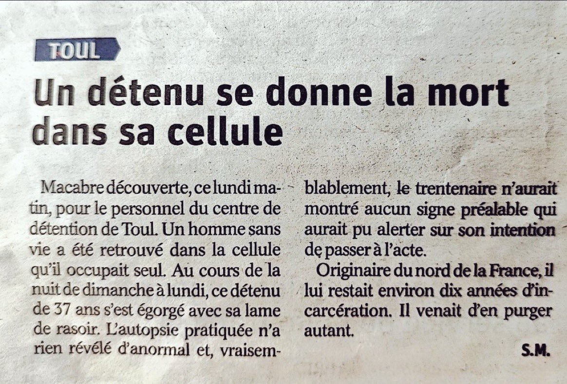 [TW Suicide]

Un prisonnier s’est égorgé avec une lame de rasoir la semaine dernière au centre de détention de Toul (54). 😢

Force et courage à la famille. ✊

C’est le 54e suicide d’un(e) détenu(e) connu à ce jour en 🇫🇷 depuis le 01/01/22.
#laprisontue