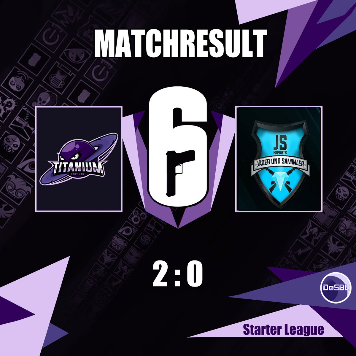 +++MATCHRESULT+++
R6S Academy Team (PC)

Yesterday our R6 Academy Team had their first game in  <a href="/desbl/">DeSBL</a> against 
<a href="/EsportsJs/">JS eSports</a> 
  Academy and won 2:0.

GG to JS

#TitaniumWin💜💜💜