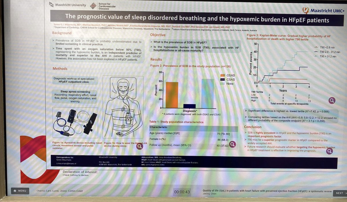 E-poster presentatie van Sanne Mourmans over de prognostische waarde van slaapapneu in hartfalen met behouden ejectiefractie. En nu? Sanne hoopt dat er meer aandacht komt voor de verschillende comorbiditeiten om zo de kwaliteit van leven en prognose te verbeteren. #ESCCongress