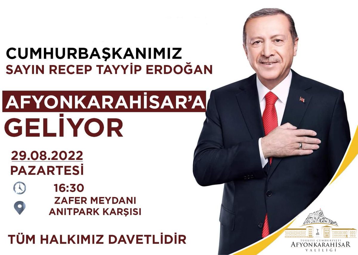 Cumhurbaşkanı Recep Tayyip Erdoğan'ın katılımıyla gerçekleştirilecek olan "Büyük Zafer'in 100. Yılı Etkinlikleri ve Toplu Açılış Töreni"ne tüm vatandaşlarımızı davet ediyoruz. 

📅29 Ağustos 
⏰16.30
📍Zafer Meydanı