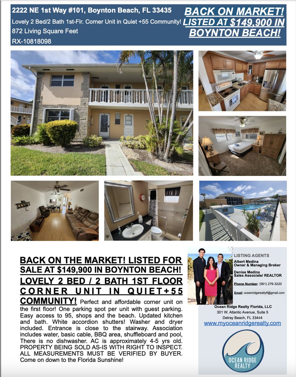 AlMedinaEsq_ORR's tweet photo. BACK ON MARKET! FOR SALE AT $149,900 IN BOYNTON BEACH!

LOVELY 2 BED / 2 BATH 1ST-FLOOR CORNER UNIT IN +55 COMMUNITY!

2222 NE 1st Way #101, Boynton Beach, FL 33435

RX-10818098
872 Sq Ft

LIST WITH US TODAY!

#backonmarket #forsale #PalmBeachCounty #BoyntonBeach #VillageRoyale https://t.co/FzSOQPYxTE