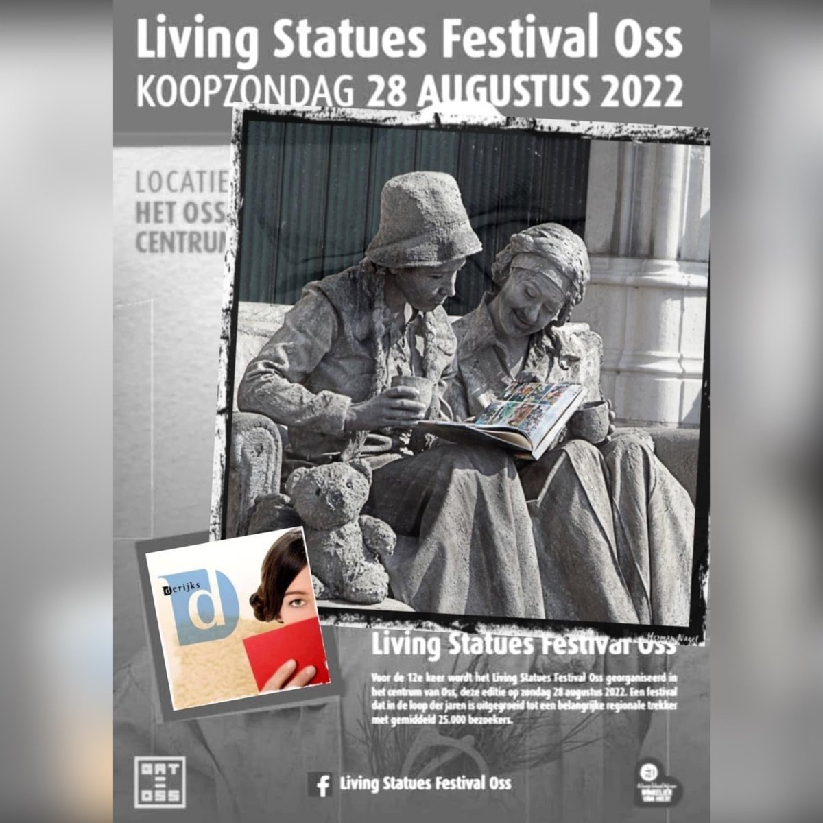 Derijksboeken's tweet photo. Kom vandaag gezellig naar de stad, het is weer Living Statues Festival in het centrum en wij zijn er ook van 12 tot 17 uur, tot zo! 📚🎭
#trefhetinoss #walstraat
#koopzondag @Iedereenuitoss https://t.co/f3v8AMQhWI