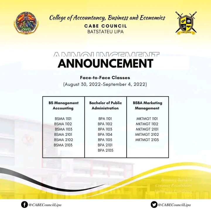 CabeCouncilLipa's tweet photo. Are you ready Warriors? 💛🖤

In the upcoming 𝐟𝐚𝐜𝐞 𝐭𝐨 𝐟𝐚𝐜𝐞 𝐜𝐥𝐚𝐬𝐬𝐞𝐬, always remember that you are a warrior, born to win every battle ⚔️ Maging mahusay na estudyante at palaging mag iingat!

Please be advised by the information in the photos. https://t.co/sij51PuGzs