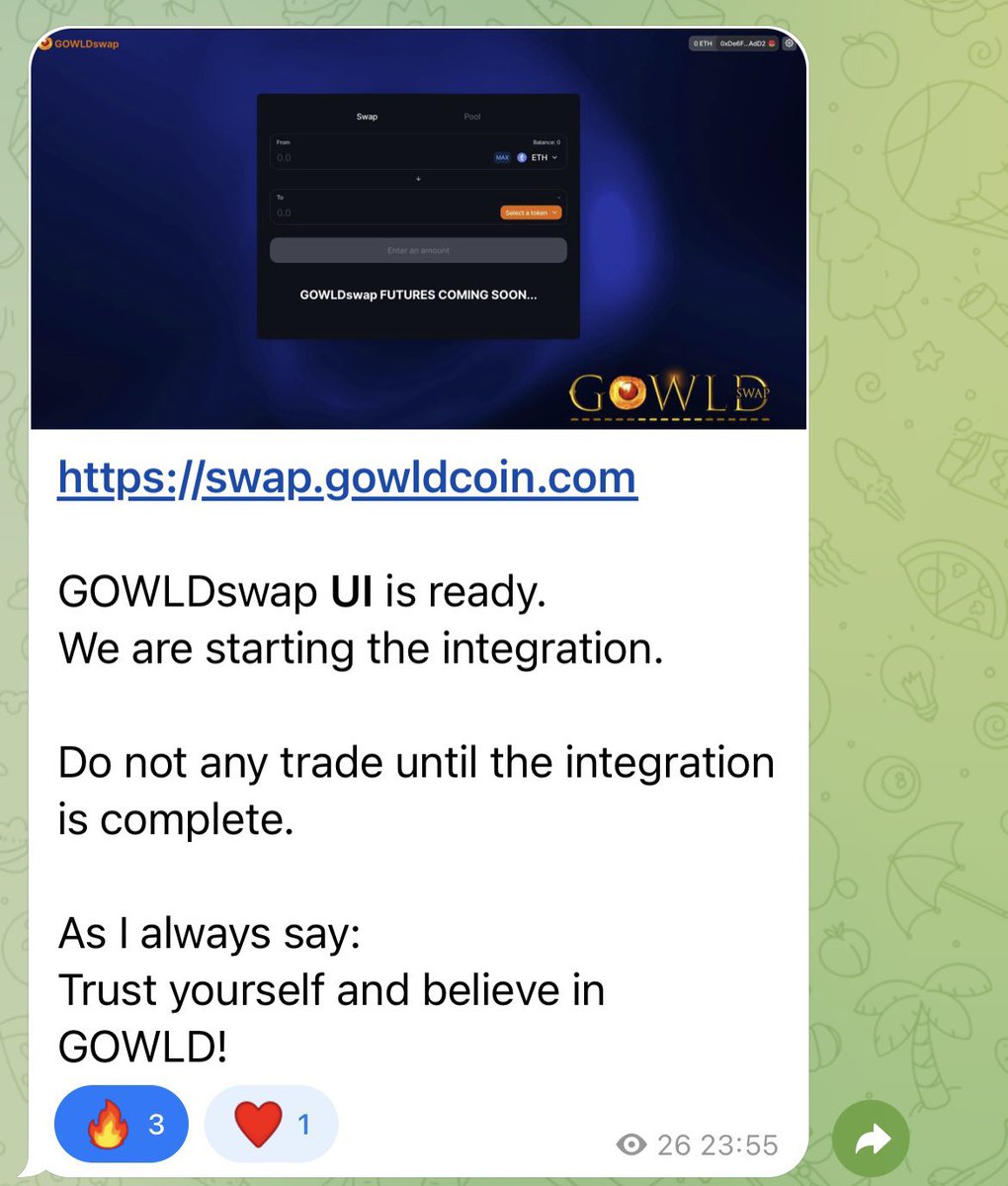 gowldcoin's tweet photo. https://t.co/LI8Xot1l6m

#GOWLDswap UI is ready.  

Do not any trade until the integration is complete.

As I always say: 
Trust yourself and believe in #GOWLD!

$GOWLD https://t.co/LHvRa1opRU