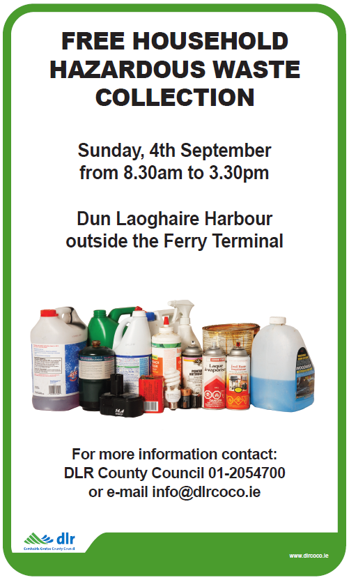 The free Household Hazardous Waste Collection will take place on Sunday, 4th of September from 8:30AM to 3:30PM at Dún Laoghaire Harbour outside the Ferry Terminal.

More info below ⬇️