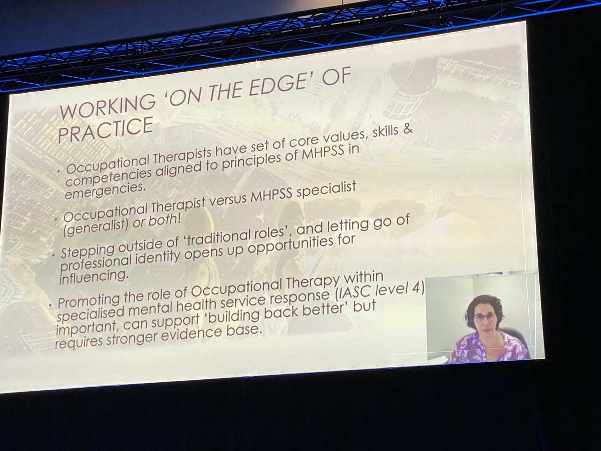 thewfot's tweet photo. Joanne Lee talks about #OccupationalTherapists working on the edge. Occupational Therapists have a vital role in helping people recognise their psychosocial needs during &amp; after an emergency #WFOT2022 #OccupationalREvolution https://t.co/eAXfj5zDbR