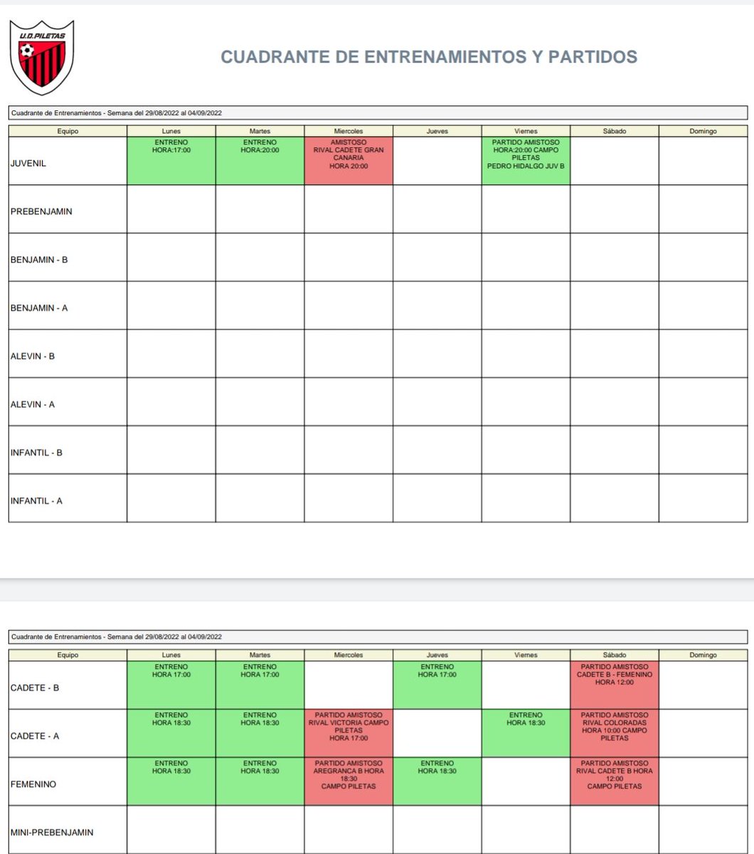 Cuadrante de entrenos 
Semana del 29 de agosto al 4 de septiembre.
#elpiletassomostodos