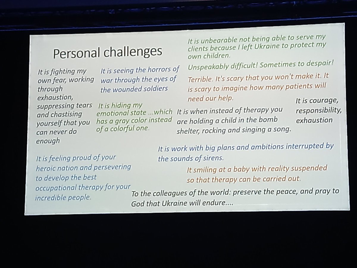 Very powerful comments from her Ukrainian colleagues from Olya Mangusheva <a href="/thewfot/">WFOT</a> who is chair of Ukrainian Society of Ergotherpists. Brave colleagues, developing professional identity in occupational disruption during humanitarian crises. #WFOT2022