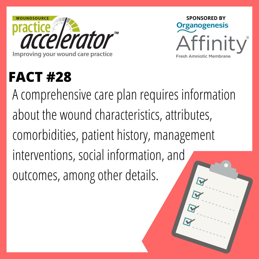 WoundSource's tweet image. FactADay|Fact#
28. A CCP requires information about the wound characteristics, attributes, comorbidities, patient history, management interventions, social information, and outcomes

Facts: ow.ly/CiWE50KpyWT

August #PracticeAccelerator sponsor: Organogenesis
#WoundSource