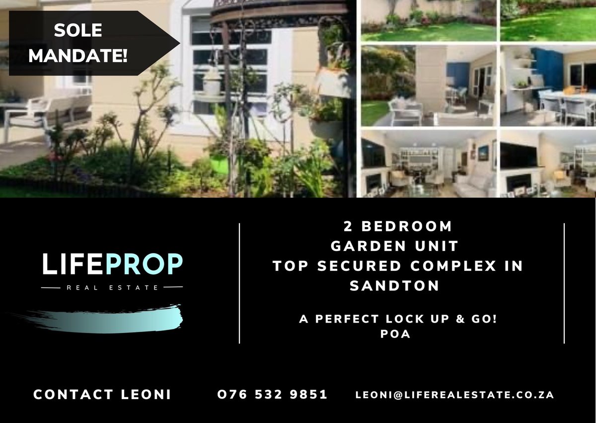 Lifepropreal's tweet photo. SOLE MANDATE!
2 Bedroom Garden Unit in a top secured complex in Sandton.
A perfect lock up and go!
POA
Contact Leoni
076-532-9851
leoni@liferealestate.co.za
#solemandate #sandtoncomplex #lockandgo #salesandrentals #residentialproperty #liferealestate https://t.co/DB2SmeTaDf