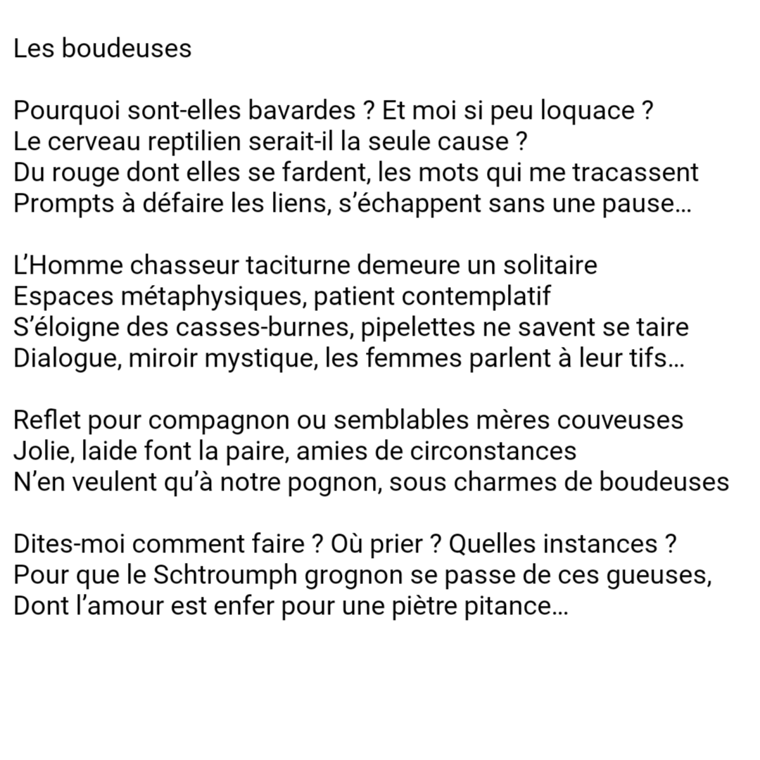 jerome_reissac's tweet photo. Les boudeuses

Pourquoi sont-elles bavardes ? Et moi si peu loquace ?
Le cerveau reptilien serait-il la seule cause ?
 #boudeuse #JérômeReissac #poésies #littérature #sonnetmoderne #ombres #poésitivons #survivezenlacés #amour #imaginaire #humour #seconddegré https://t.co/b5oictb7RP