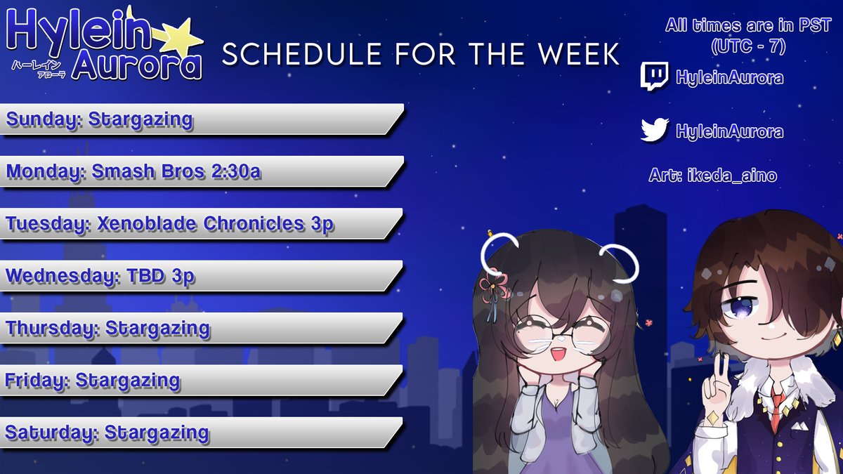 HyleinAurora's tweet photo. Schedule for Aug 28 - Sept 3!
General - #HyleinAurora
Live - #HyCast
Art - #AurorArt
Memes - #AurorAho
Clips - #HyLights
Stream Ideas: #Hylpothesis
NSFW - #AurorAhegao https://t.co/4yoVbznlJx