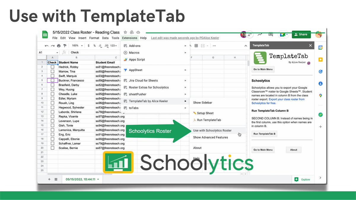 alicekeeler's tweet photo. Export your class roster from Google Classroom using https://t.co/6tPsqG3aHJ
Use the Extensions menu in Google Sheets to select "TemplateTab."
Duplicate a graphic organizer per student within the same spreadsheet.
#googleEDU @schoolytics #googleSheets https://t.co/BpalhJ0bkV