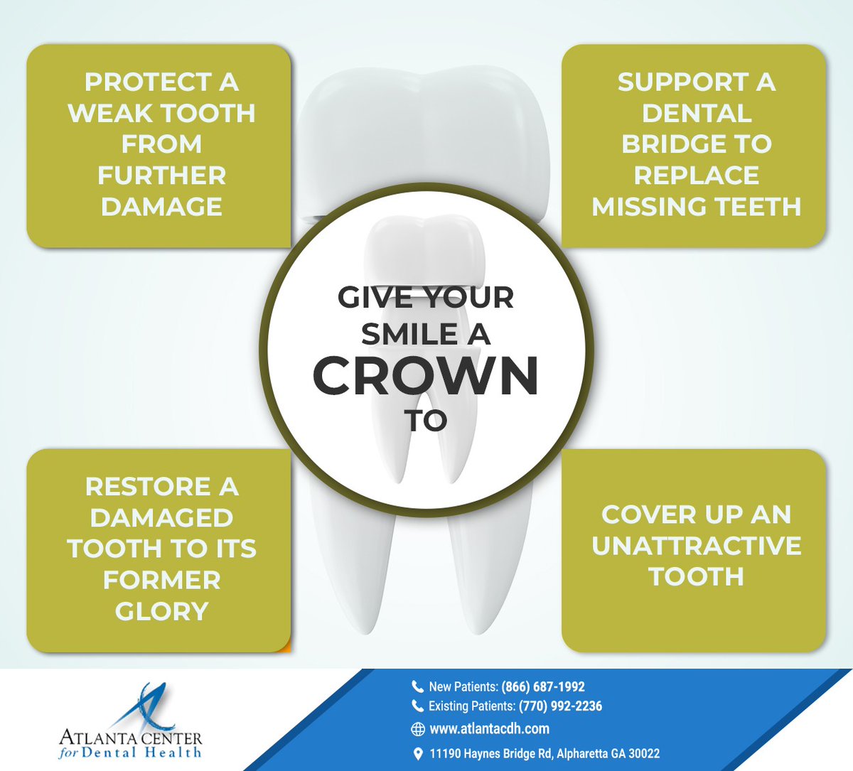 Your smile can benefit from a dental crown in many different ways. Atlanta Center for Dental Health provides custom-made, attractive dental crowns to elevate your smile.   #dentalcrown #damagedtooth #atlantacenterfordentalhealth #alpharetta #GA