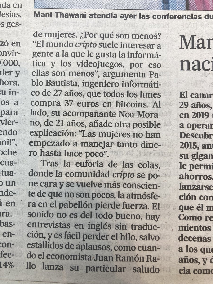 Rakelmarkos's tweet photo. ¿Por qué no hay tantas mujeres en el mundo cripto? Explicación en El País de la boca de asistentes al acto de Mundo Crypto: https://t.co/A6OU1xlDOo