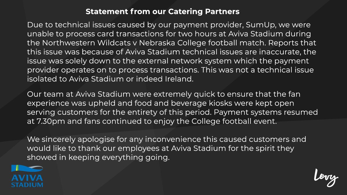 Following the Northwestern Wildcats v Nebraska College football match on Saturday, 27th August 2022, please see a statement from our catering parter, @Levy_UK &amp; Ireland. avivastadium.ie/blog/technical…