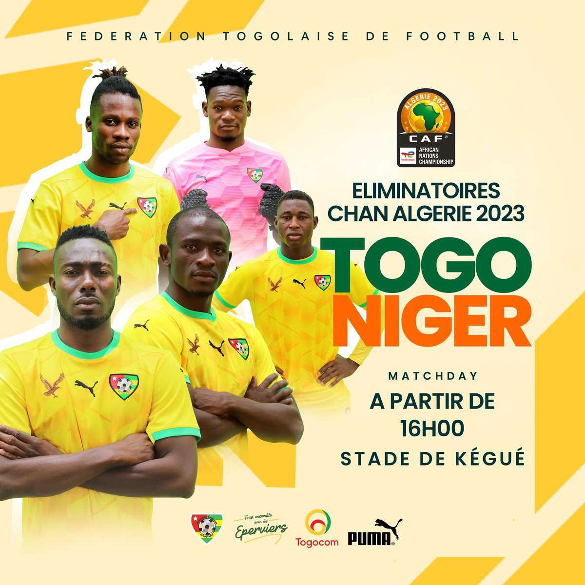C’est le grand jour! 
Tout le pays est derrière vous 🇹🇬🇹🇬🇹🇬
Force et honneur à nos Éperviers locaux 💪🏾🙏🏾🇹🇬
<a href="/FtfTogolaise/">FTF-Fédération Togolaise de Football</a> 

S.Akp