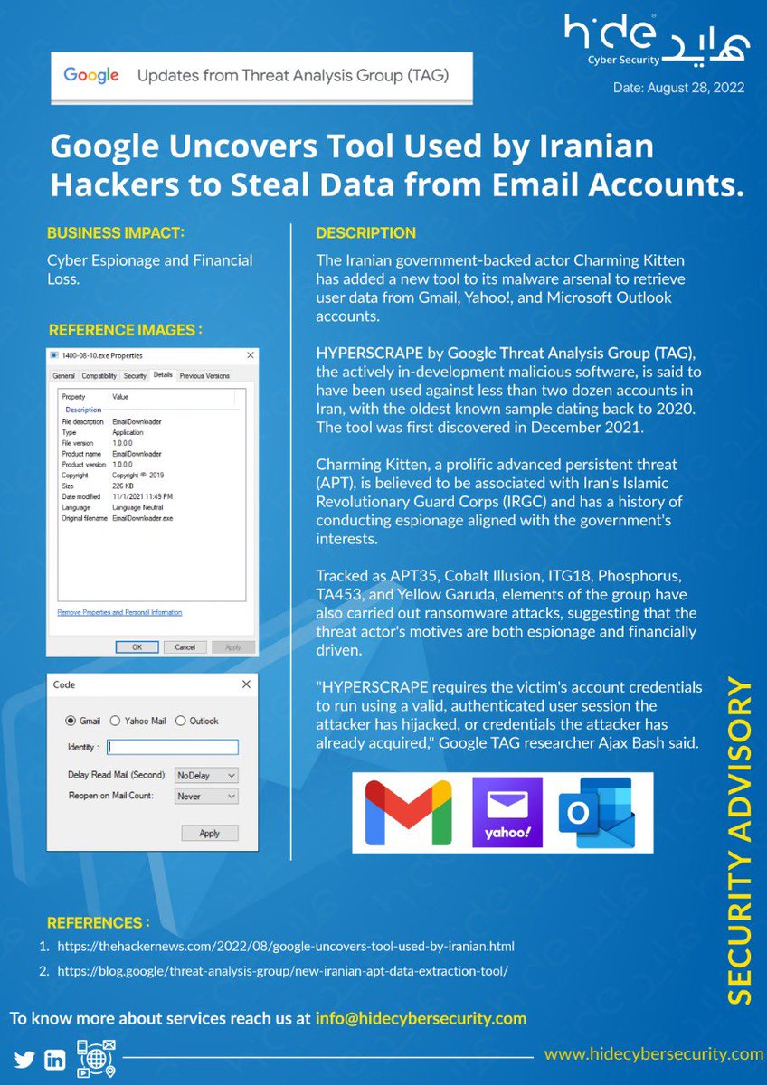 hidecybersec's tweet photo. Google Uncovers Tool Used by Iranian Hackers to Steal Data from Email Accounts

#google #email #data #cybernews #cyberattack #cybersecurity  #cybersecurityawareness https://t.co/uYLSmpObDv