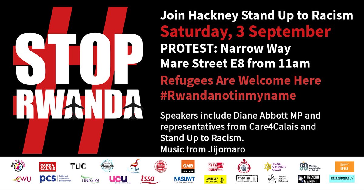 hackneysutr's tweet photo. TODAY: Join @hackneysutr
from 11.00pm on Saturday, 03 September 2022 in The Narrow Way E8 1HL to say #Rwandanotinmyname.
#RefugeesWelcome
#RefugeesNeedHelp
(music by @jijomaro ) https://t.co/VsTkhlKZEL