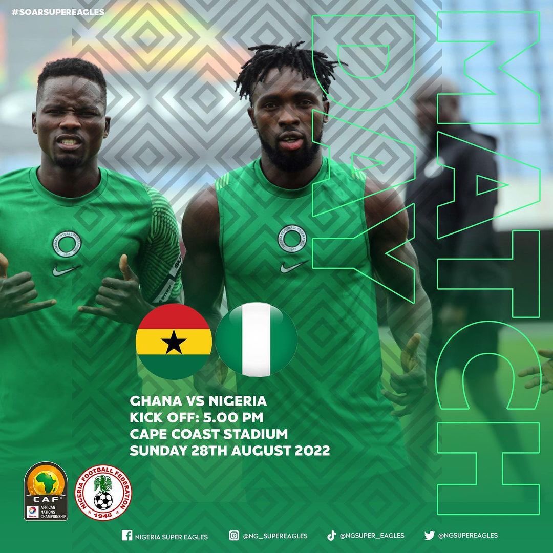 nfscglobal's tweet photo. M A T C H D A Y! 

🏟️ Cape Coast Stadium, Ghana
⚽ Ghana vs Nigeria 
⏲️ 5.00pm
📲 #GHANGA

@ng_supereagles @thenffofficial @upeagles 

Let's do this! 
#SoarSuperEagles|
 #WeCountOnYou| #Team9jaStrong| #TeamNigeria #nfsc #nfsctv #nigeriafootballsupportersclub #nfscglobal #victory https://t.co/YNBFF35cfm