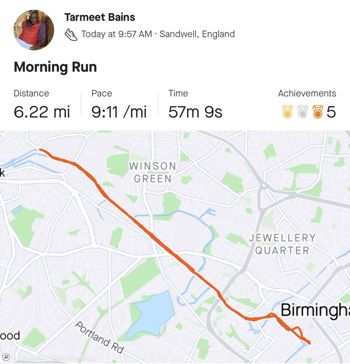 Tarmeet007's tweet photo. 9:11 /mi. Still nursing this 2-day hangover but ran the distance without stopping! ๐ฌ๐ฌ Mad to think >10 /mi was my target last month and now Iโm eyeing up >9! -10kg in weight definitely helps. #bainsruns #solidprogress https://t.co/cb63T2oxzO