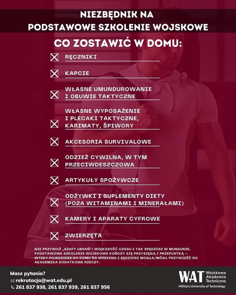 WCRTorun's tweet photo. #WATradzi co zabrać na szkolenie
✅ koniecznie musisz wziąć,
🆗 warto zabrać,
❎ zostawić w domu.
Do zobaczenia 1 i 2 września na powołaniu!
#WAT #ZostańPodchorążymWAT #unitarka #niezbędnik
🖼 Wojskowa Akademia Techniczna https://t.co/l3aWXrXmOU