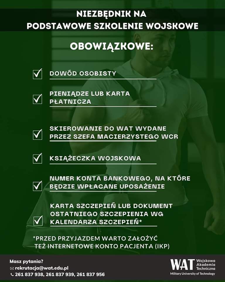 WCRTorun's tweet photo. #WATradzi co zabrać na szkolenie
✅ koniecznie musisz wziąć,
🆗 warto zabrać,
❎ zostawić w domu.
Do zobaczenia 1 i 2 września na powołaniu!
#WAT #ZostańPodchorążymWAT #unitarka #niezbędnik
🖼 Wojskowa Akademia Techniczna https://t.co/l3aWXrXmOU