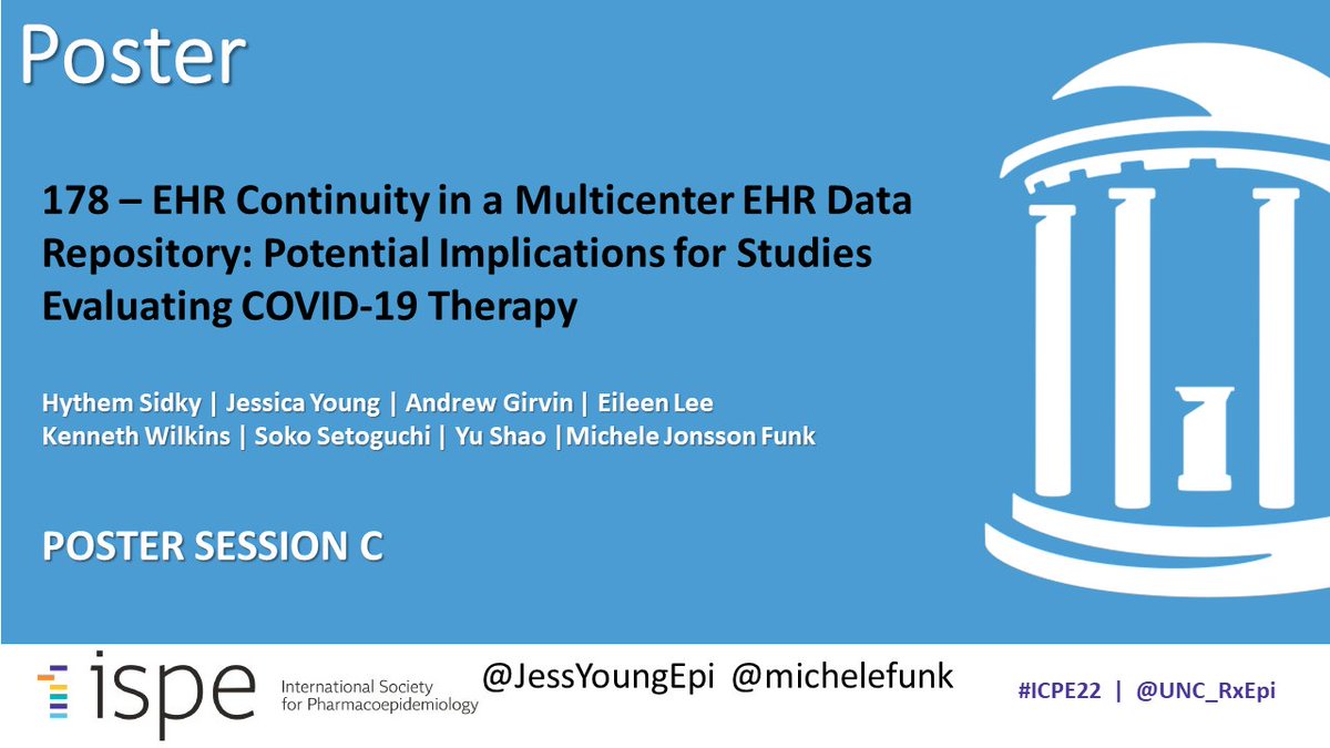 UNC_RxEPI's tweet photo. Poster Presentation at #ICPE22 by @JessYoungEpi @michelefunk 
 
EHR Continuity in a Multicenter EHR Data Repository: Potential Implications for Studies Evaluating COVID-19 Therapy

📌Poster Session C
@UNCSPHResearch #COVID19 https://t.co/QcgXiRdxKC