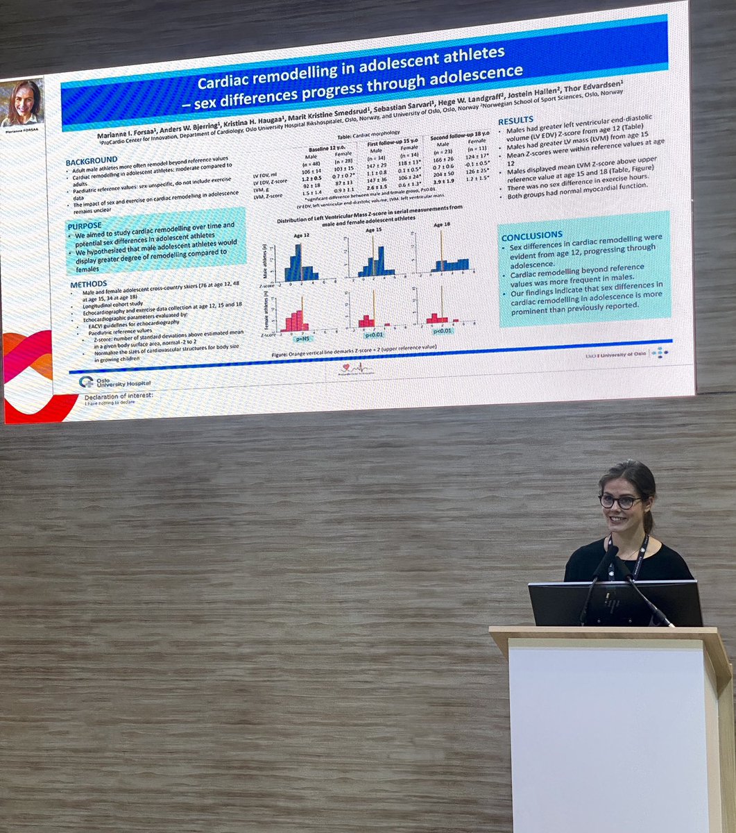 Cardiac remodelling in adolescent athletes. Sex differences are prominent and more pronounced in males. Presented by Marianne Forså. <a href="/escardio/">European Society of Cardiology</a> #ESCCongress <a href="/KristinaHaugaa/">Kristina  Haugaa</a> <a href="/ProCardio1/">ProCardioSFI</a> <a href="/EchofirstB/">Echofirst Bot</a>
