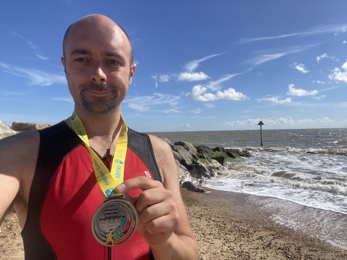 Completed the Felixstowe Triathlon (1.5km swim, 40km cycle, 10km run) in 3 hours 12 minutes 51 seconds - had a puncture so finished last! 😭😂