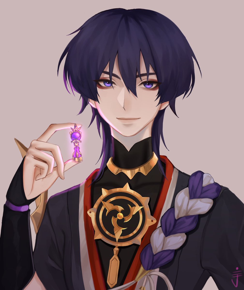 scaramouche (genshin impact) 1boy male focus purple eyes solo purple hair simple background looking at viewer  illustration images