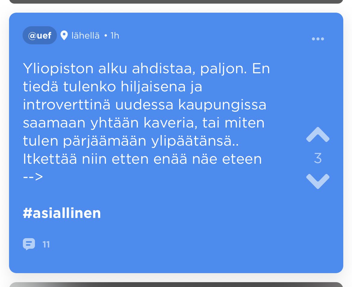 tapiomaatta's tweet photo. Yhteinen huolemme: yksinäisyys pelottaa monia opintojaan aloittavia, uudelle paikkakunnalle muuttavia uusia opiskelijoita. 
Vinkkejä, miten saada ystäviä? 

Oma keinoni aikoinaan oli mm. järjestötoiminta. https://t.co/64l9F7GrdS