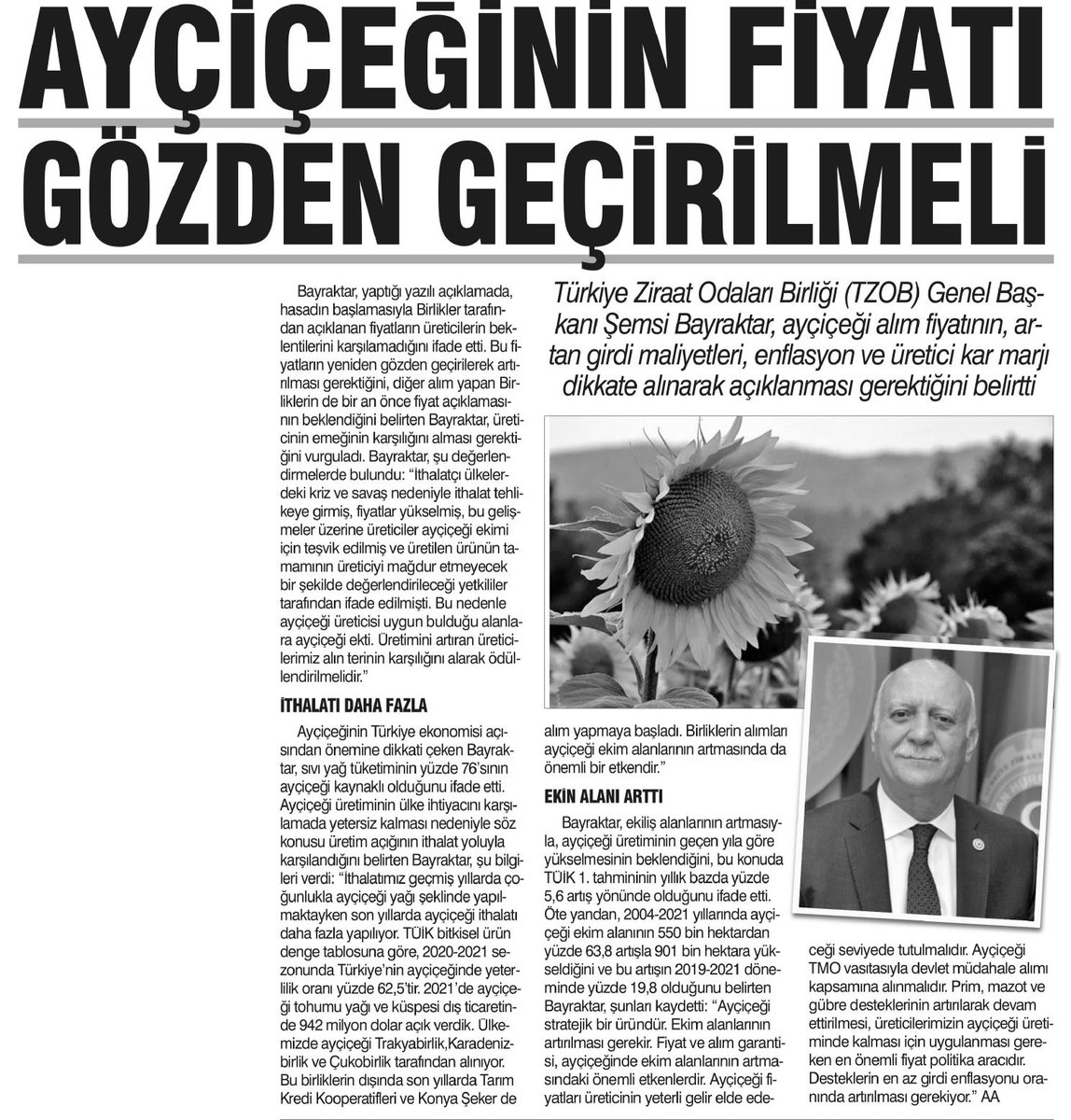 semsibayraktar's tweet photo. Alıcı kurumların bu yıl ayçiçeği alım fiyatını; artan girdi maliyetleri, enflasyon oranı ve üretici kâr marjını dikkate alarak açıklaması gerektiğini vurguladığım basın açıklaması gazetelerde geniş yer buldu. https://t.co/BubsDid1zQ