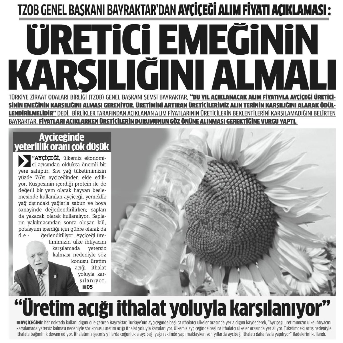 semsibayraktar's tweet photo. Alıcı kurumların bu yıl ayçiçeği alım fiyatını; artan girdi maliyetleri, enflasyon oranı ve üretici kâr marjını dikkate alarak açıklaması gerektiğini vurguladığım basın açıklaması gazetelerde geniş yer buldu. https://t.co/BubsDid1zQ