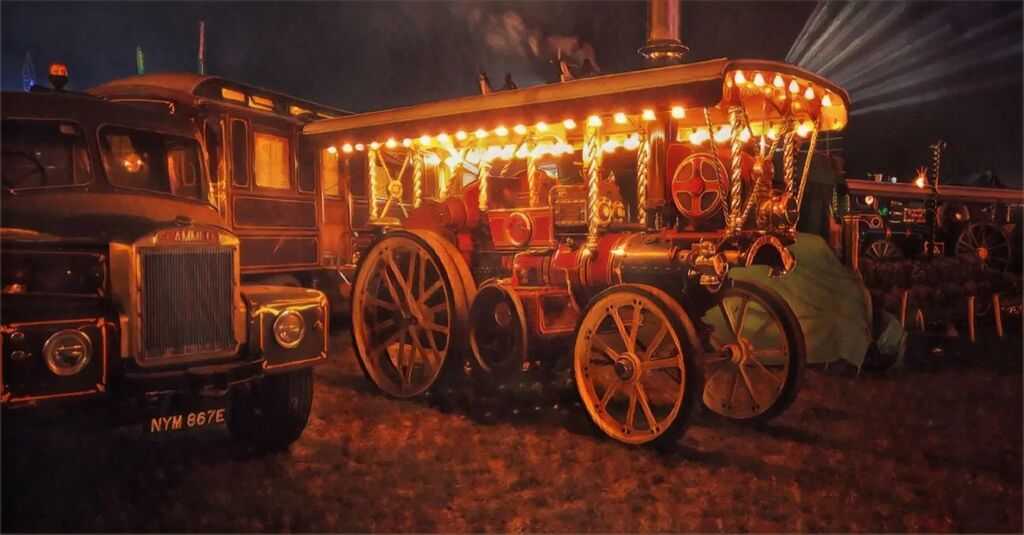 DEFENDERist's tweet photo. #garrett Little Billy powering the lights on #scammell Charlie just before midnight whistles. No better place to be! π #greatdorsetsteamfair #gdsf #showmans #steamengineproblems #steampower #steamengine https://t.co/Fh8us2gDrr