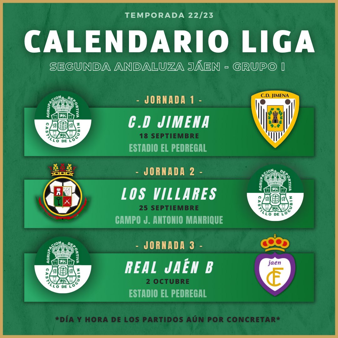 ADCastilloL's tweet photo. 🚨 Ya conocemos el calendario de liga para la temporada 22/23. 

1️⃣ La primera jornada será en casa ante el Jimena. Más adelante anunciaremos el día y la hora del encuentro.

#ADCastillo #CastilloDeLocubín 💚 https://t.co/HcrVxIFAiZ