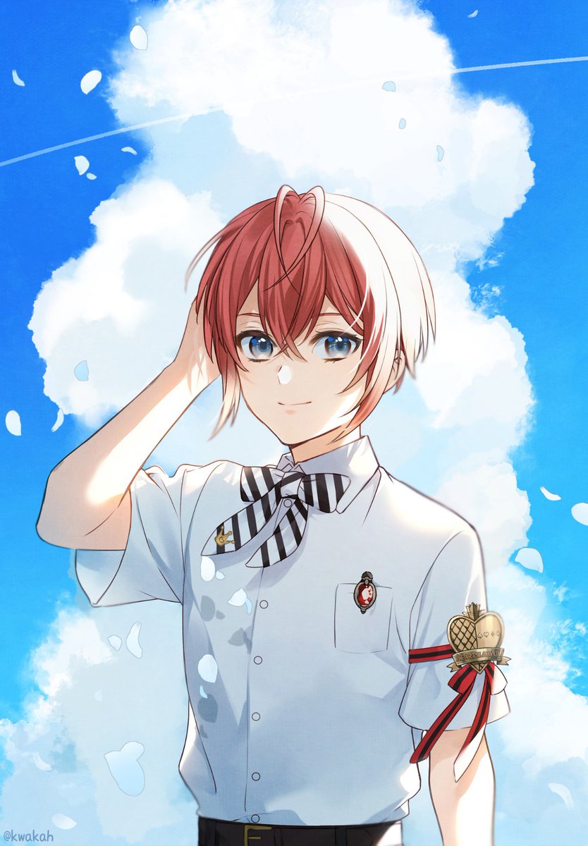 1boy male focus blue eyes red hair solo cloud sky  illustration images