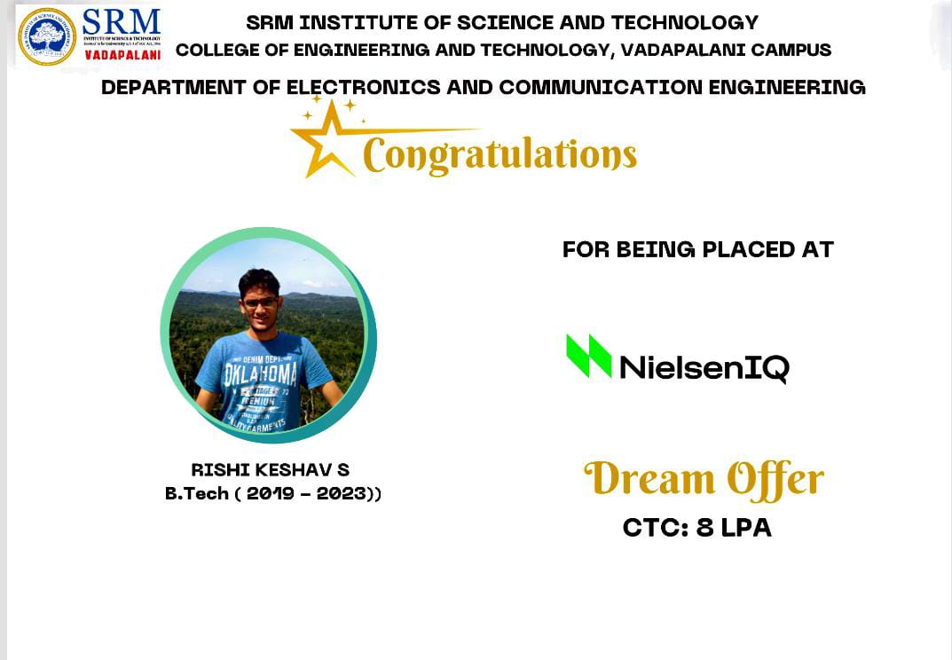 srmvdp_campus's tweet photo. The Department of ECE,SRMIST-VDP.Congratulations Student Rishi Keshav S,https://t.co/7mbxv5jMuf (ECE 2019-23) for grabbing a offer at NielsenIQ! Congratulations and best wishes for your next Venture.
#ece #ecewithdatascience #engineeringjobs #engineering #success #srmist #Chennai https://t.co/Wz1Bx7HIlg