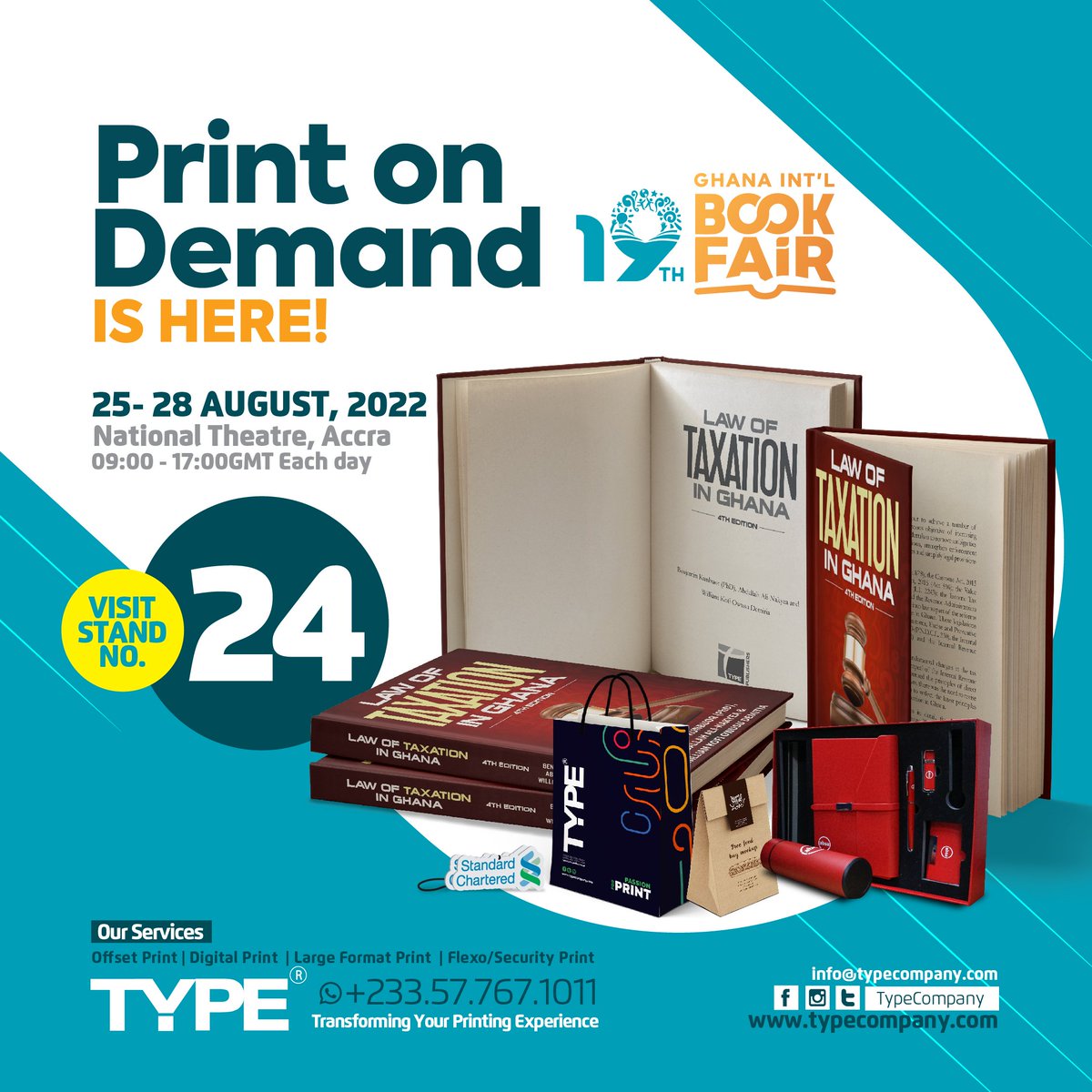 TypeCompany's tweet image. Print-On-Demand services like no other. That is what ee offer at TYPE. Join us today, the last day of the Ghana International Book Fair, and take advantage  of all our printing services. See you soon🔥💃🔜
#PrintOnDemand #TypeCompany  #GhanaInternationalBookFair