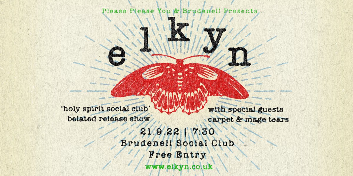 Nath_Brudenell's tweet photo. We're having a very belated party to celebrate the release of 'Holy Spirit Social Club', the debut album from @elkyn_music_ 🌿 🎉

Support comes from @carpetsongs &amp; @mage_tears and it's free entry! ✨ RSVP below and we'll see you on 21st September. 🙌🏻

➡️ https://t.co/OD173zWxwl https://t.co/UE4TgLuRTI