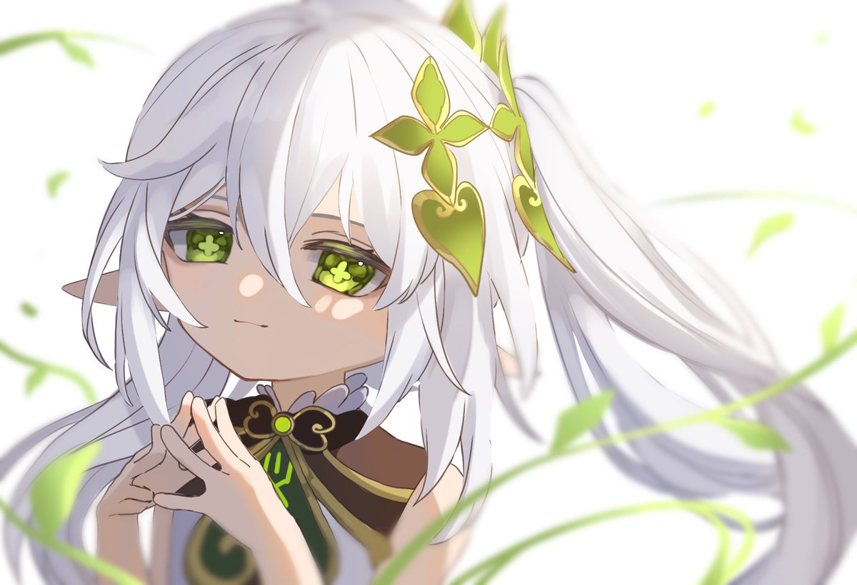 nahida (genshin impact) 1girl white hair solo green eyes pointy ears side ponytail symbol-shaped pupils  illustration images