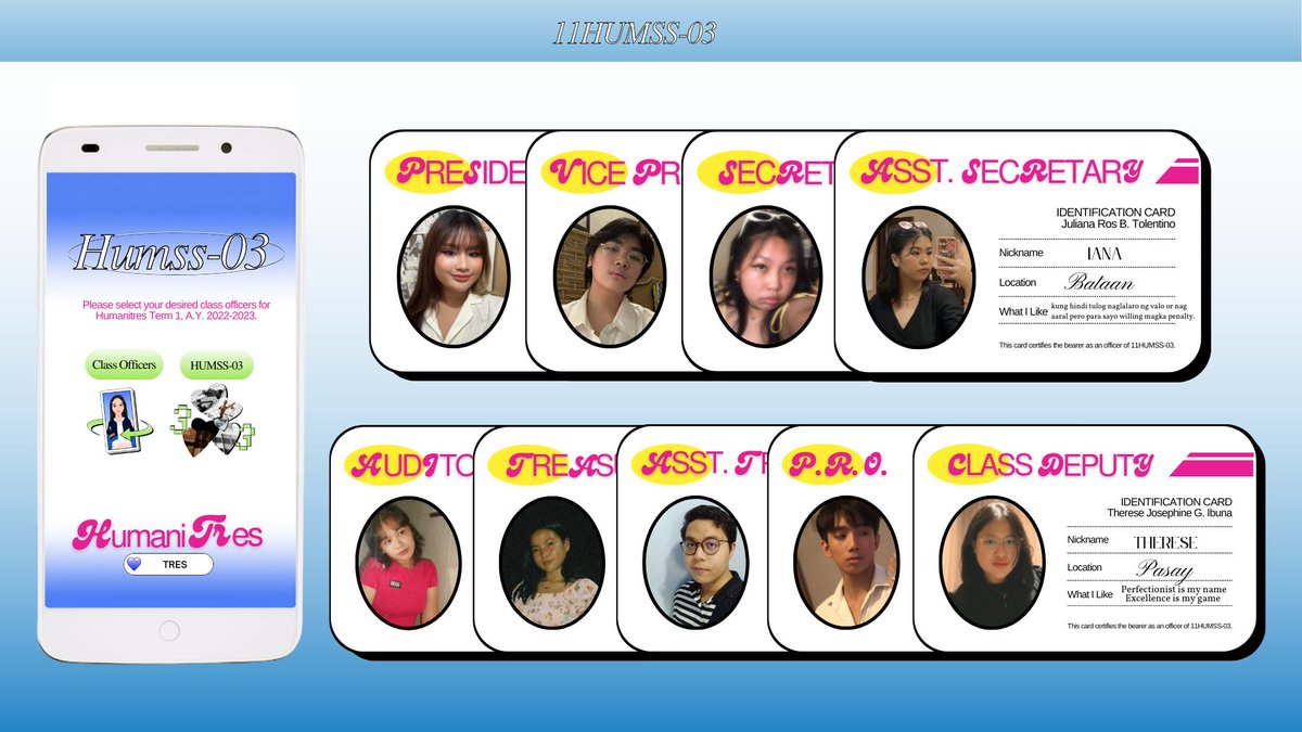 HUMSSTRAYAH's tweet photo. Come and take a lookie 🔎 at 11 HUMSS-03’s newly elected officers, maybe they’ve got what you've been missing ❓ all along! Their Identification card is on the line, please make sure you’ll call in time

#HUMSS324
#1SEMWITHTRES
#present2TRES
#TRESuremoments https://t.co/c38LGNK615