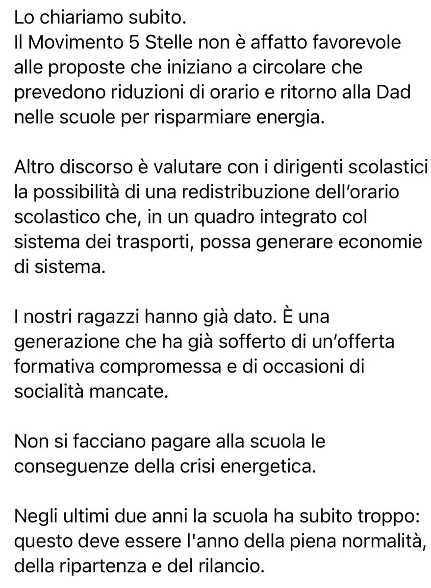 GiuseppeConteIT's tweet photo. Non si facciano pagare alla scuola le conseguenze della crisi energetica. I nostri ragazzi hanno già dato. https://t.co/4aAHJzjsSs